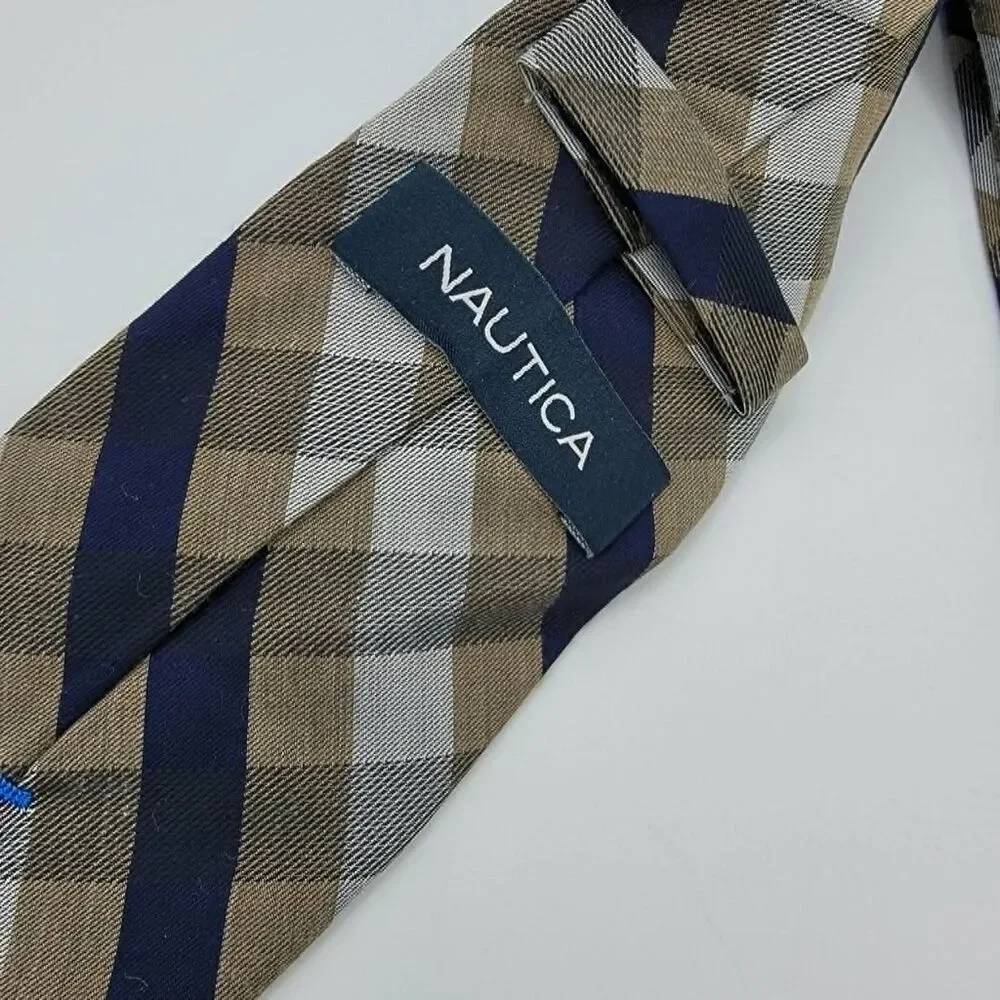 Nautica Tan Blue Geometric Polyester Necktie Men's Size 57 x 3
